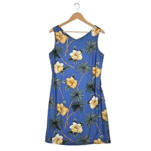 Y2K Caribbean Joe Tropical Palm Hibiscus Dress sz L Blue Hawaiian Sundress